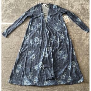 LuLaRoe Sarah Long Cardigan Sweater XS Blue Floral Rose Duster Open Front Pocket